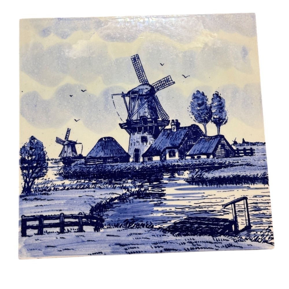 Delft Tile Blue & White Windmill Scene Ceramic Hand Painted Signed 6"x6" VTG